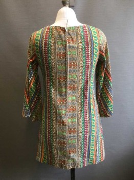 NL, Cream, Multi-color, Brown, Green, Cotton, Novelty Pattern, Shift Dress Made of Traditional African Print. Cotton. Crew Neck, Long Sleeves,