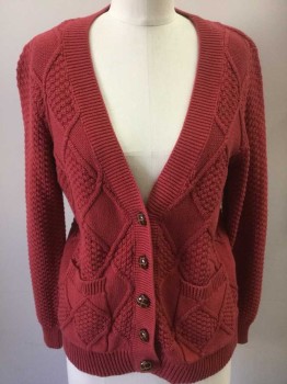 Womens, Sweater, BDG, Red, Cotton, Cable Knit, Diamonds, S, Long Sleeves, 5 Buttons, 2 Pockets,