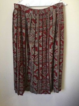 ALFRED DUNNER, Brick Red, Gray, White, Navy Blue, Polyester, Paisley/Swirls, Knife Pleated Front, Elastic Back Waistband, Hem Below Knee