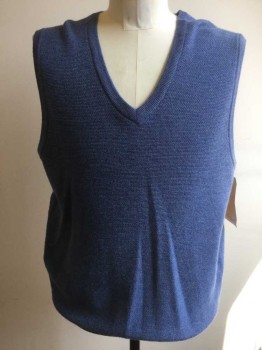 Mens, Sweater Vest, BROOKS BROTHERS, Cornflower Blue, Wool, Heathered, L, Textured Weave, V-neck, Pull Over