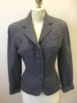 Womens, 1940s Vintage, Suit, Jacket, N/L, Multi-color, Navy Blue, Green, Beige, Pink, Wool, Stripes - Horizontal , Speckled, W:26, B:35, Speckled Horizontal Stripes, Long Sleeves, Notched Lapel, 5 Navy Buttons, Lightly Padded Shoulders, 2 Patch Pockets at Chest with Double Layer Fabric and Decorative Buttons, 2 Side Seam Pockets at Hips, Mauve Silk Crepe Lining, Made To Order Reproduction