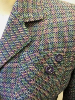 Womens, 1940s Vintage, Suit, Jacket, N/L, Multi-color, Navy Blue, Green, Beige, Pink, Wool, Stripes - Horizontal , Speckled, W:26, B:35, Speckled Horizontal Stripes, Long Sleeves, Notched Lapel, 5 Navy Buttons, Lightly Padded Shoulders, 2 Patch Pockets at Chest with Double Layer Fabric and Decorative Buttons, 2 Side Seam Pockets at Hips, Mauve Silk Crepe Lining, Made To Order Reproduction
