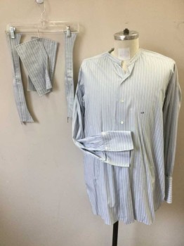 Mens, 1930s Vintage, Piece 3, FERY , Lt Gray, Lt Blue, White, Cotton, Stripes - Vertical , Collar - **Comes with 2 Pairs of Non-Coded Detachable French Cuffs (4 Individual Cuffs Total)