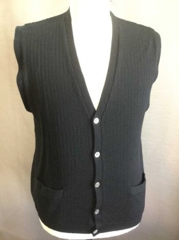 Mens, Sweater Vest, GAP, Black, Wool, Solid, L, Knit, Ribbed Texture, Cardigan, 5 Buttons, 2 Pockets