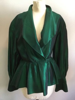 Womens, Evening Jacket, ANDREA JOVINE, Green, Acetate, Nylon, 8, Shiny Green Acetate Taffeta, Surplice Top with Lapel, Pleated Upwards From Peplum, Gathered Peplum, Extended Roll Back Cuff, Holes in Both Armpits