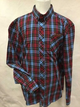 BEN SHERMAN, French Blue, Red, Yellow, Black, Cotton, Plaid, Collar Attached, Button Down, Button Front, 1 Pocket, Long Sleeves,