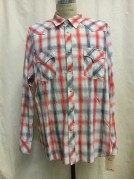 Mens, Western, LUCKY BRAND, White, Navy Blue, Red, Gray, Cotton, Plaid-  Windowpane, XL, White/ Navy/ Red/ Gray Window Pane, Snap Front, Collar Attached, Long Sleeves, 2 Flap Pockets