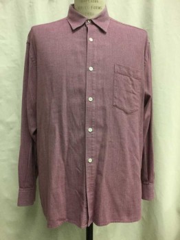 Mens, Casual Shirt, OVER EASY, Maroon Red, Cotton, Herringbone, Heathered, 34/35, 16, Heather Maroon Small Herringbone, Button Front, Collar Attached, Long Sleeves, 1 Pocket, Doubles,