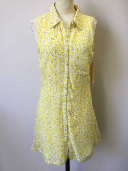 LUCCA COUTURE, Lemon Yellow, White, Pink, Silk, Floral, Button Front From Neck to Hem, Sleeveless, Collar Attached, 1 Pocket, Above Knee