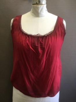N/L, Red, Cotton, Solid, Scoop Neck with Lace Trim, Drawstring Neck, Aged, Dark Dye Stain Near Right Armhole
