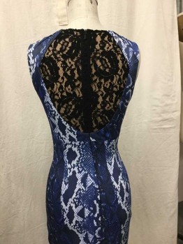 Womens, Dress, Sleeveless, N/L, Navy Blue, White, Polyester, Lycra, Reptile/Snakeskin, XS, Fitted, Pleated Neckline, Black Lace At Back Upper