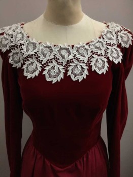 Womens, Cocktail Dress, N/L, Red, Cream, Solid, Top Is Crushed Velvet, Long Sleeves, Skirt Is Faille, White Lace At Round Neck,  V Shape Waist, Hem Mid-calf,  Zipper At Center Back,