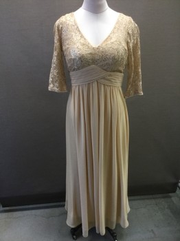CINDY, Peach Orange, Gold, Polyester, Rhinestones, Solid, Floral, Top/Bodice is Sheer Lace Net, with Gold Rhinestones Scattered Throughout, 3/4 Sleeves, V-neck, Inverted V Shape Waistline with 1" Wide Pleated Detail, Chiffon Gathered Skirt, Floor Length Hem