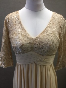 CINDY, Peach Orange, Gold, Polyester, Rhinestones, Solid, Floral, Top/Bodice is Sheer Lace Net, with Gold Rhinestones Scattered Throughout, 3/4 Sleeves, V-neck, Inverted V Shape Waistline with 1" Wide Pleated Detail, Chiffon Gathered Skirt, Floor Length Hem
