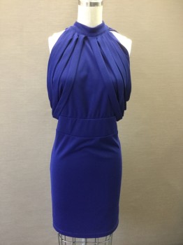 CARIBBEAN QUEEN, Royal Blue, Polyester, Spandex, Solid, Halter Neck with Many Straps That Hang Under Arms, Plunging Open Back, Gold Zipper at Center Back to Hem, Mini Dress