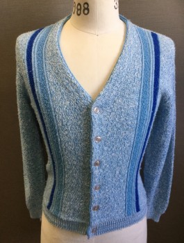 Womens, Sweater, PUT ON, Sky Blue, Royal Blue, White, Acrylic, Stripes - Vertical , Speckled, 34-36, Boys 8, Cardigan, Sky Blue/White Specked Knit, Solid Vertical Stripes at Front, V-neck, 6 Button Front,