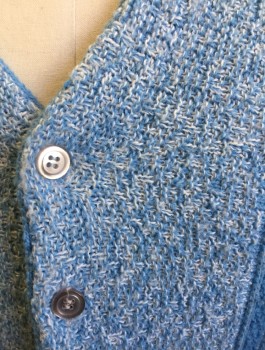 PUT ON, Sky Blue, Royal Blue, White, Acrylic, Stripes - Vertical , Speckled, Cardigan, Sky Blue/White Specked Knit, Solid Vertical Stripes at Front, V-neck, 6 Button Front,