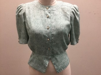 Womens, 1980s Vintage, Top, ANDREA GAYLE, Sea Foam Green, White, Polyester, Abstract , Floral, 8, CN, B.F., Gold and Mother of Pearl Buttons at CF, S/S, Pleats @ Shoulder, Shoulder Pads, Peplum