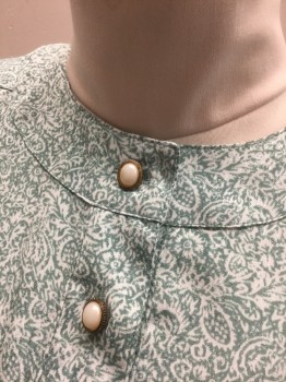 ANDREA GAYLE, Sea Foam Green, White, Polyester, Abstract , Floral, CN, B.F., Gold and Mother of Pearl Buttons at CF, S/S, Pleats @ Shoulder, Shoulder Pads, Peplum