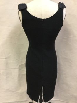 MOSCHINO, Black, Rayon, Spandex, Solid, Black, V-neck with Peeping Fan-like Insert, Self Bow on 1" Straps, Fitted, Zip Back, Split Bottom Center Hem