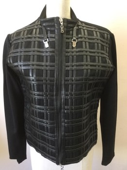 Womens, Casual Jacket, SAGAIE, Black, Polyester, Elastane, Basket Weave, S, Faux Leather Basket Weave Applique, Zip Front, Stand Up Collar with Strap