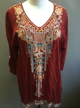 Womens, Top, JOHNNY WAS, Paprika Red, Beige, Tan Brown, Pink, Aqua Blue, Rayon, Polyester, Floral, Large, Long Sleeves, Pullover, V-neck, Floral Embroidery,