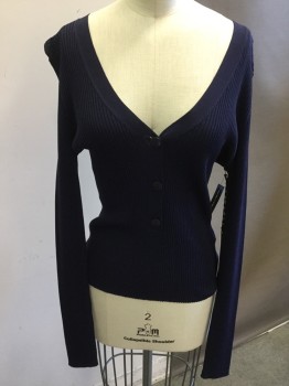 Womens, Sweater, LEITH, Navy Blue, Rayon, Nylon, Solid, M, V-neck, Ribbed