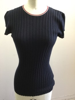 Womens, Pullover, JOIE, Midnight Blue, Red, White, Lycra, Cotton, Solid, Stripes - Pin, XS, Crew Neck, White/red Stripe Collar, Short Sleeve, Ribbed, Knit