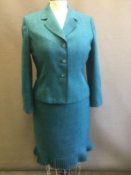 Womens, Suit, Jacket, SUIT STUDIO, Turquoise Blue, Dk Gray, Polyester, Herringbone, 14P, Single Breasted, Notched Lapel, 3 Buttons, Fitted, Shoulder Pads, Solid Dark Turquoise Lining,