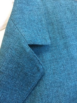 SUIT STUDIO, Turquoise Blue, Dk Gray, Polyester, Herringbone, Single Breasted, Notched Lapel, 3 Buttons, Fitted, Shoulder Pads, Solid Dark Turquoise Lining,