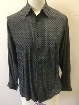 CLAIBORNE, Black, Gray, Silk, Abstract , Long Sleeve Button Front, Collar Attached, 1 Patch Pocket,