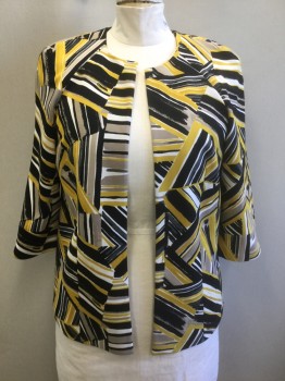Womens, Blazer, KASPER, Multi-color, Black, Yellow, White, Taupe, Polyester, Elastane, Abstract , 14, Abstract White/Yellow/Black/Taupe Lines in Assorted Directions, Crepe, 3/4 Sleeves, Open at Center Front with No Closures, Padded Shoulders, Solid Black Lining
