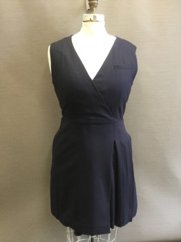 Womens, Dress, Sleeveless, TORY BURCH, Navy Blue, Wool, Spandex, Solid, 14, Surplice Top, 1 Faux Pocket, Zip Back, 1/4 Pleated Front Skirt