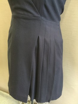 Womens, Dress, Sleeveless, TORY BURCH, Navy Blue, Wool, Spandex, Solid, 14, Surplice Top, 1 Faux Pocket, Zip Back, 1/4 Pleated Front Skirt