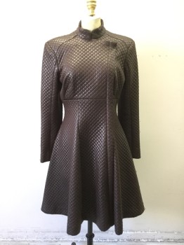 N/L, Brown, Synthetic, Solid, Diamond Quilted, Double Breasted, Band Collar, Long Sleeves, Snap Front, Empire Waist, Gored Back