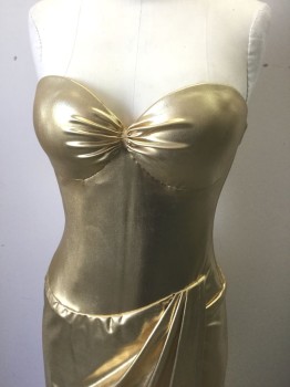 Womens, Evening Gown, N/L MTO, Gold, Spandex, Nylon, Solid, S, Gold Metallic Lycra, Strapless, Built Over Strapless Long Line Bra with "Victoria's Secret" Label Inside, Wrapped Drape at Front with Revealing Side Slit, Built in Leotard/Panty, Invisible Zipper at Center Back, Made To Order