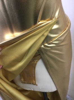 Womens, Evening Gown, N/L MTO, Gold, Spandex, Nylon, Solid, S, Gold Metallic Lycra, Strapless, Built Over Strapless Long Line Bra with "Victoria's Secret" Label Inside, Wrapped Drape at Front with Revealing Side Slit, Built in Leotard/Panty, Invisible Zipper at Center Back, Made To Order