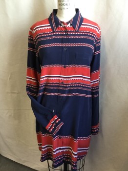 EQUIPMENT, Navy Blue, Red, White, Silk, Novelty Pattern, Different Sizes/colors Horizontal Ropes/Collar Attached, Button Front, 1 Pocket, Long Sleeves, Curved Hem