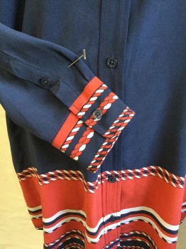 EQUIPMENT, Navy Blue, Red, White, Silk, Novelty Pattern, Different Sizes/colors Horizontal Ropes/Collar Attached, Button Front, 1 Pocket, Long Sleeves, Curved Hem