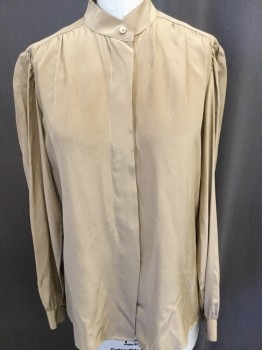 PRIVATE COLLECTION, Khaki Brown, Silk, Solid, Band Collar,  Long Sleeves, Button Front, Hidden Placket, Gathered Back Yolk