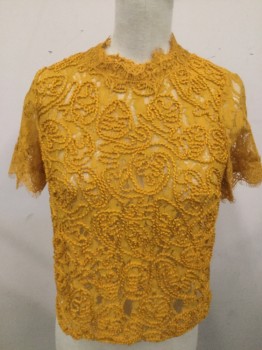 Womens, Top, NL, Mustard Yellow, Polyester, Spandex, Floral, S, Lace, Rope Applique Detail, Scalloped Mock Neck, Short Sleeves, Cropped, Back Zipper,