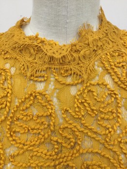 Womens, Top, NL, Mustard Yellow, Polyester, Spandex, Floral, S, Lace, Rope Applique Detail, Scalloped Mock Neck, Short Sleeves, Cropped, Back Zipper,