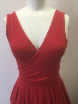 NADIA TARR, Red, Rayon, Spandex, Solid, Stretch Jersey, Sleeveless, Wrapped Surplice V-neck, Bias Cut A-Line Skirt, Knee Length, 2 Side Pockets