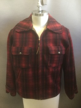 Mens, Jacket, WOOLRICH, Red, Black, Wool, Plaid, 42, Thick Wool, Zip Front, Wide Rounded Collar, 4 Pockets, Mustard Cotton Lining
