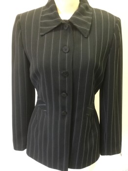 Womens, 1990s Vintage, Suit, Jacket, KASPER, Black, Lavender Purple, Polyester, Stripes, 4, 5 Buttons, Collar Attached, Self Stripe & Lavender Stripe