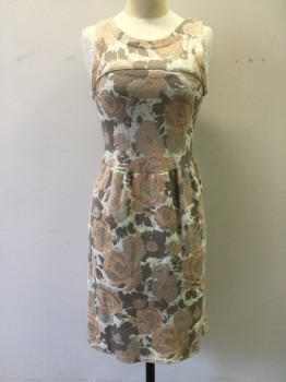 Womens, Dress, Sleeveless, KNITTED KNOTTED, Peach Orange, Taupe, Off White, Brown, Gold, Synthetic, Floral, B 32, XS, W 28, Scoop Neck, Rounded Yoke,. Slight Gather at Waistband, Peak a Boo Hole in Back