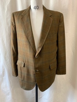 JACK RICHARDS, Brown, Green, Yellow, Wool, Plaid, Notched Lapel, Single Breasted, Button Front, 2 Buttons, 3 Pockets, Single Back Vent