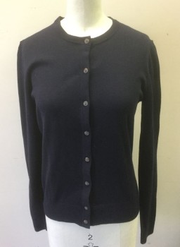 ANN TAYLOR, Navy Blue, Cotton, Modal, Solid, Dark Navy, Lightweight Knit, Long Sleeves, 8  Buttons, Round Neck