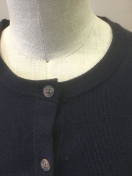 ANN TAYLOR, Navy Blue, Cotton, Modal, Solid, Dark Navy, Lightweight Knit, Long Sleeves, 8  Buttons, Round Neck