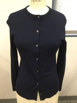 BROOKS BROTHERS, Navy Blue, Wool, Solid, Crew Neck, Button Front,
